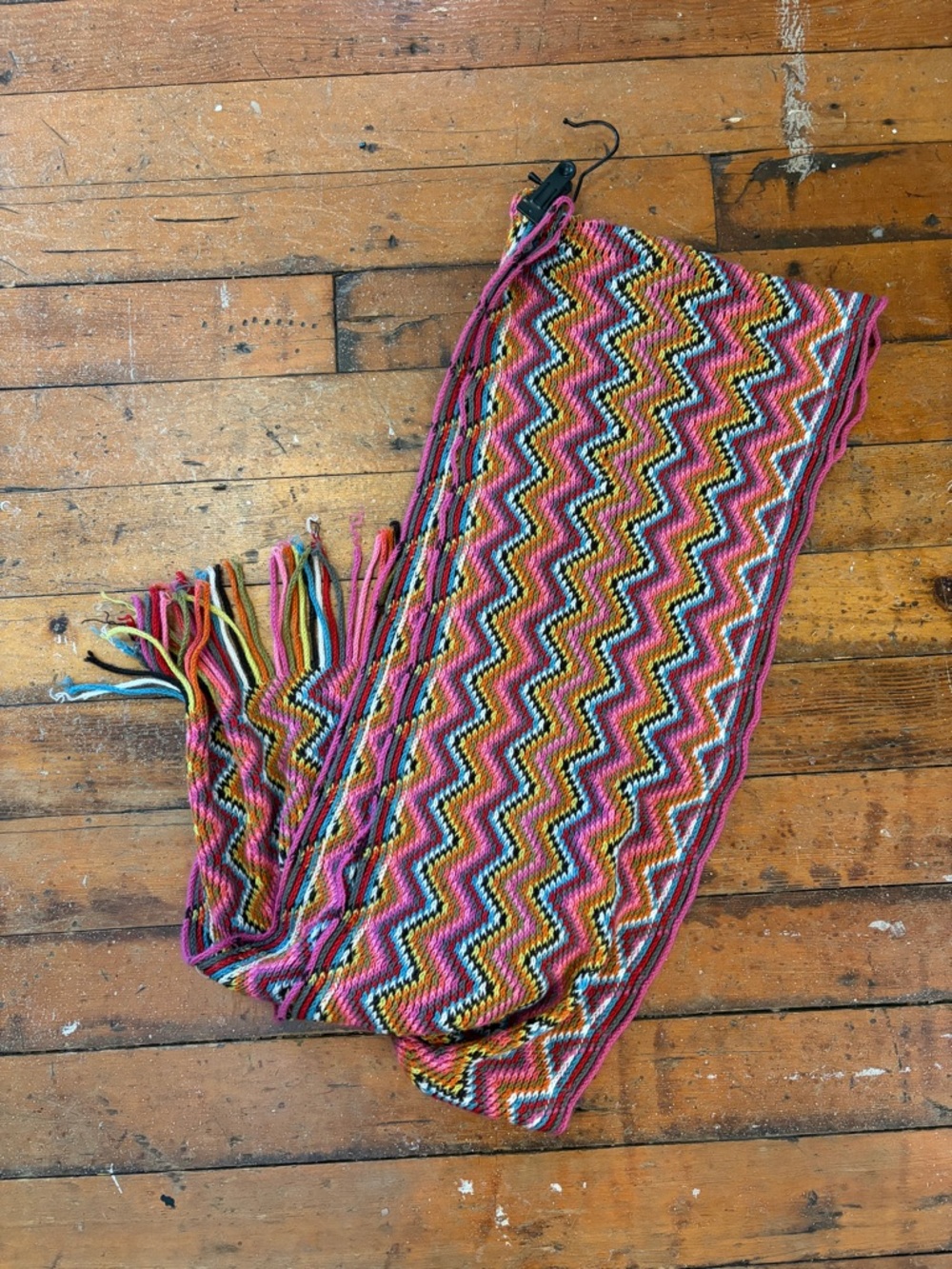 Missoni style chevron multicolor knit scarf with fringe